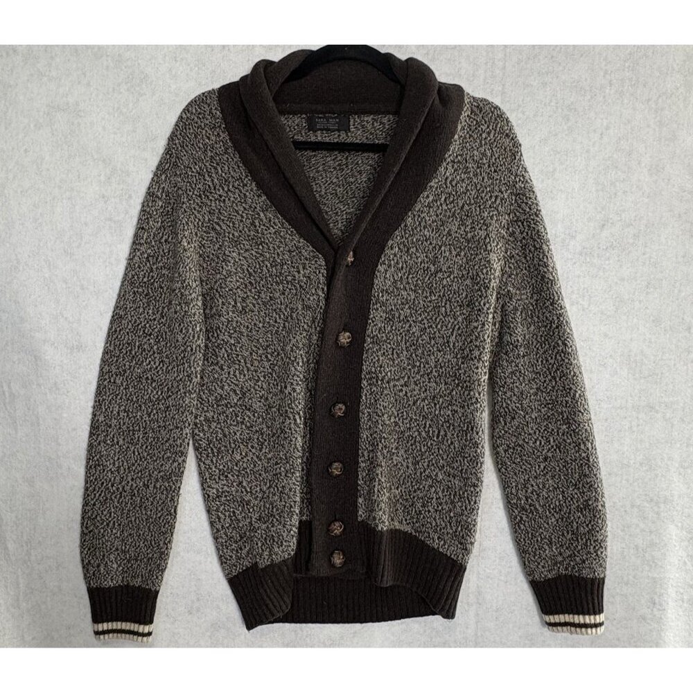 ZARA Man Shawl Collar Cardigan Sweater Button Front Long Sleeve Sz M Brown 63-13
